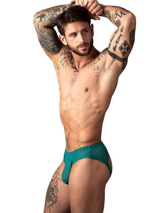 Man Wearing Male Power Ripple Moon Jock Teal Side View