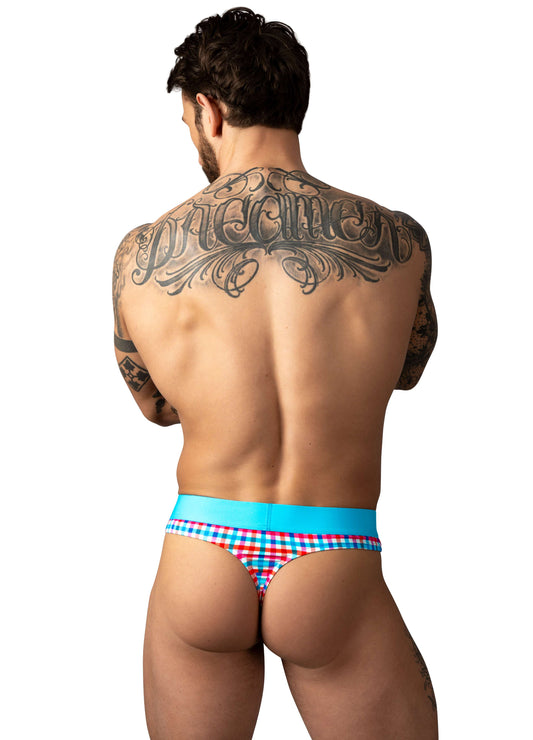 Man wearing Male Power So Comfy Gingham Thong Back