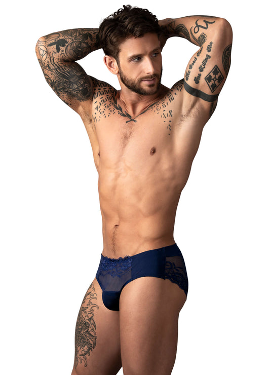 Man Wearing Male Power Sassy Lace Bikini Navy Side