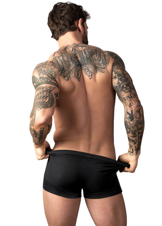 Man wearing black Male Power Eco Cozy Pouch Short Back