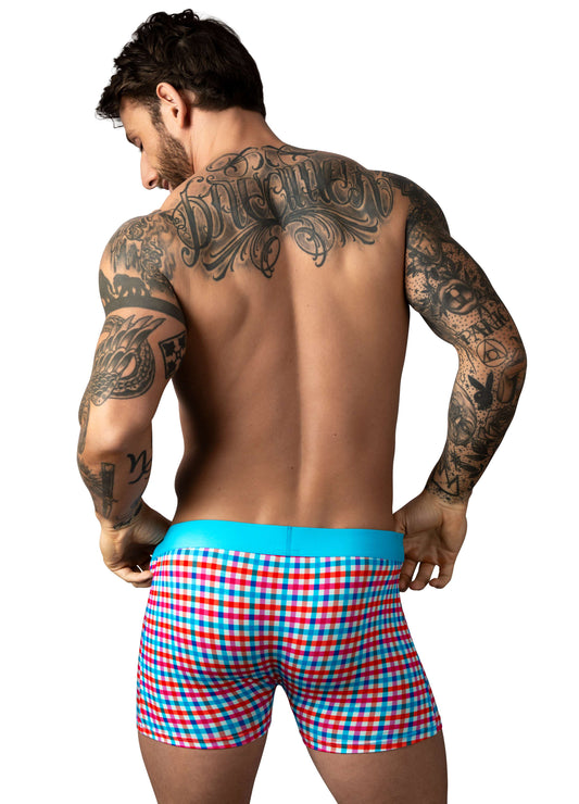 Man Wearing Male Power So Comfy Gingham Boxer Brief Back