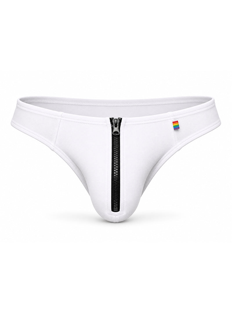 White Pride Zip It Thong Front