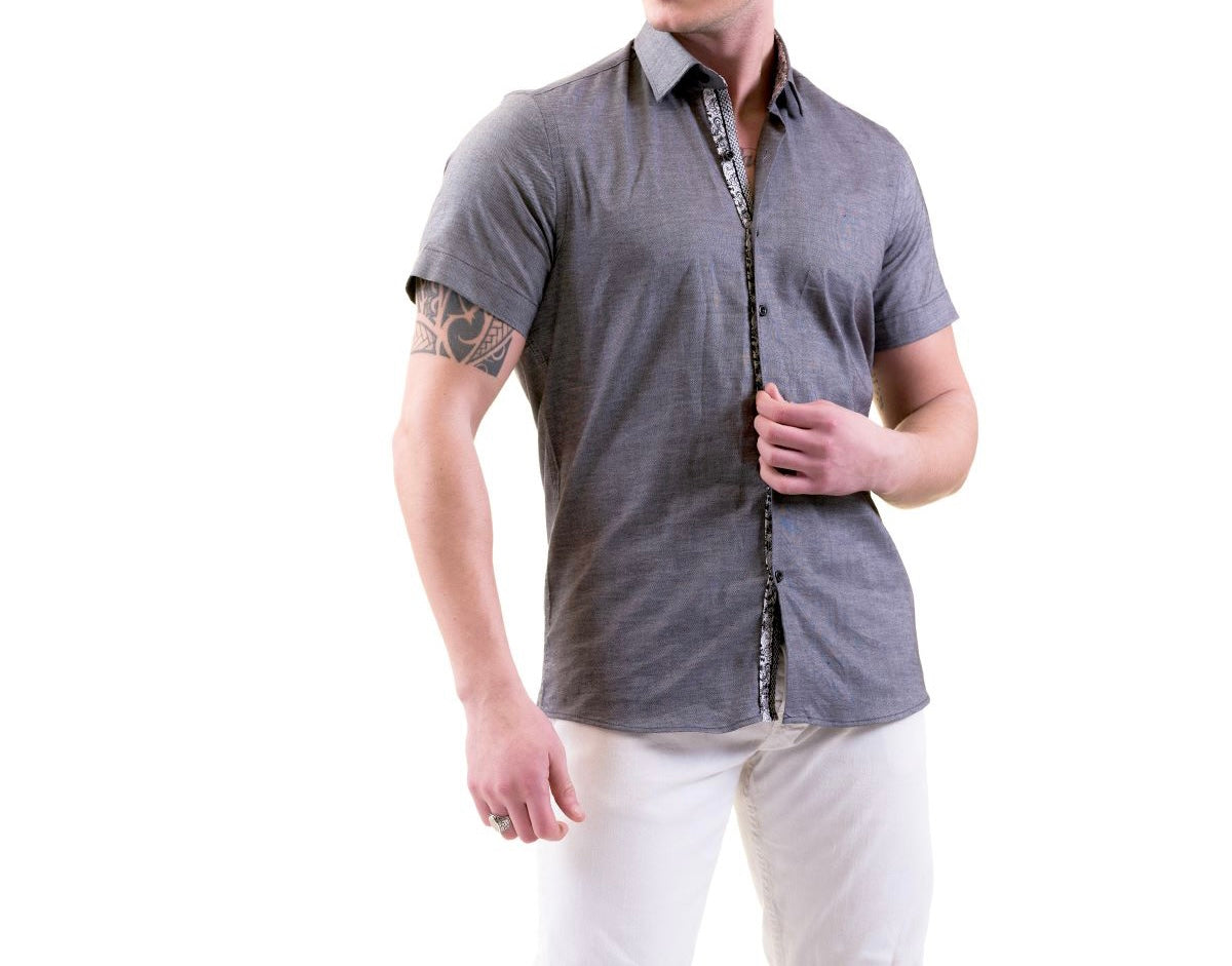 GRAVITY COTTON SHORT SLEEVE GRAY BUTTON UP SS25
