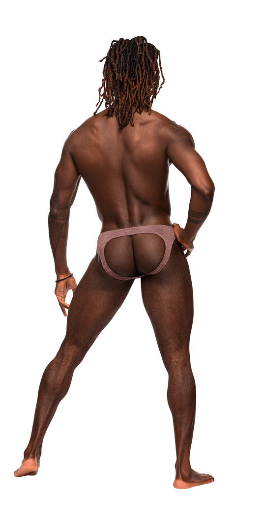 From the Male Power Inter-mingle collection this style includes a Moonshine jock brief with a low cut waist,  a contour pouch and an exposed rear.  Cool stretch poly spandex with an embossed tone on tone print joining both flat and raised graphics throughout.